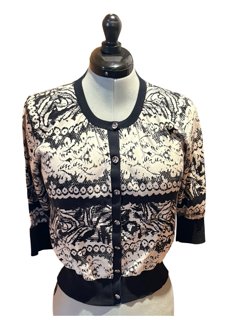 August Silk Black and Cream Patterned Cardigan - XL